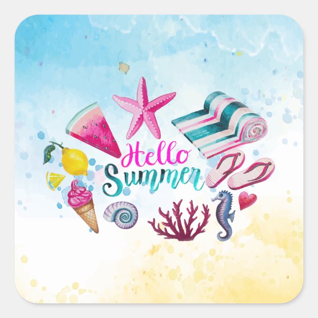 Pegatina Cuadrada Excelente Guay Hello Summer (Anverso)