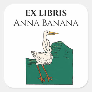 Pegatina Cuadrada Exlibris de Ave Blanca Medieval de Cuello Largo