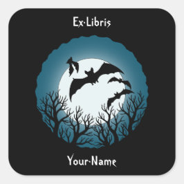 Pegatina Cuadrada Exlibris de Murciélagos y Árboles Contra la Luna