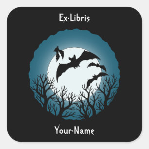 Pegatina Cuadrada Exlibris de Murciélagos y Árboles Contra la Luna