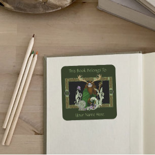 Pegatina Cuadrada Exlibris del Hombre de los Cuernos Celtas Verdes