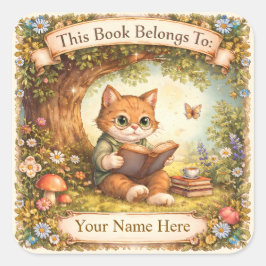 Pegatina Cuadrada Exlibris - Gato leyendo un libro bajo un árbol