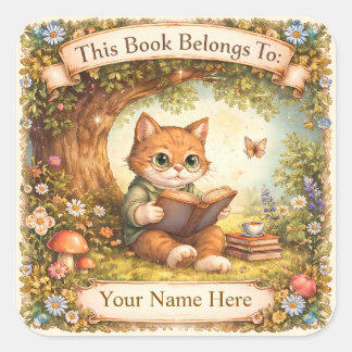 Pegatina Cuadrada Exlibris - Gato leyendo un libro bajo un árbol