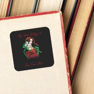 Pegatina Cuadrada Exlibris Mujer Elegante Máscara Veneciana Roja Ver