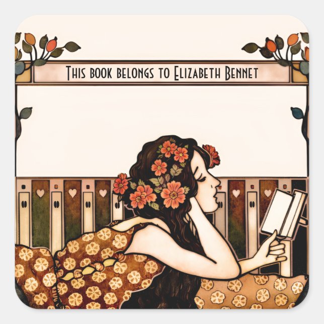 Pegatina Cuadrada Exlibris Vintage Elegante (Anverso)