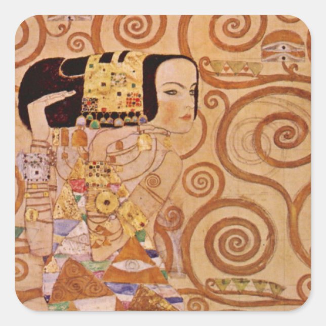 Pegatina Cuadrada Expectativa de Klimt Vintage Art Nouveau (Anverso)