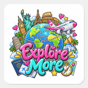 Pegatina Cuadrada Explora Más Aventuras de Viaje