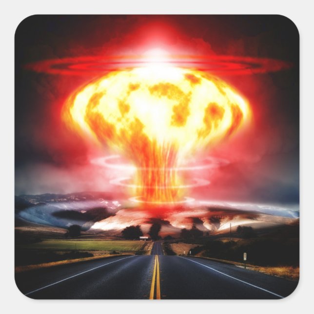 Pegatina Cuadrada Explosión nuclear ilustracion en nube de hongos (Anverso)