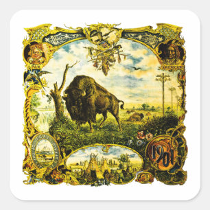 Pegatina Cuadrada Exposición Panamericana con Motivos de Bisonte y N