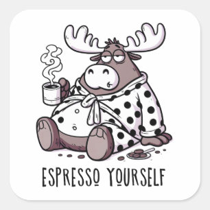 Pegatina Cuadrada Exprésate con Humor Alce Dormilón Amante del Café
