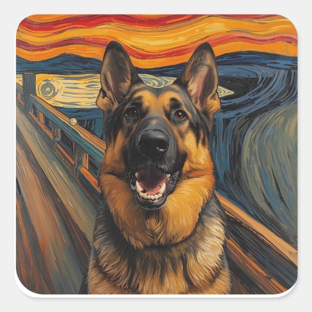 Pegatina Cuadrada Expressionist Angst Painting German Shepherd (Anverso)
