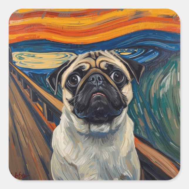 Pegatina Cuadrada Expressionist Angst Painting–Inspired Pug Art (Anverso)