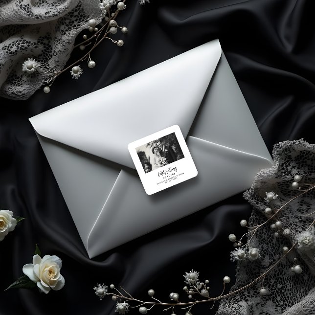 Pegatina Cuadrada Exquisite Black White Elegant Wedding Anniversarie (Exquisite Black & White Elegant Wedding Anniversarie Photo Square Stickers.)