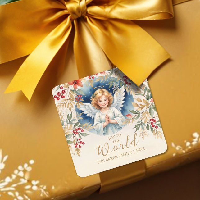 Pegatina Cuadrada Exquisite Christmas Angel Flowers Victorian  (Classic Romantic Exquisite Christmas Angel with Flowers Victorian-Themed Inspired Christmas Stickers)