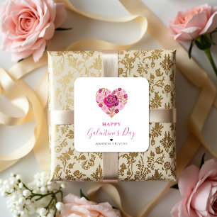 Pegatina Cuadrada Exquisite Pink Floral Heart Galentine's Day Party 