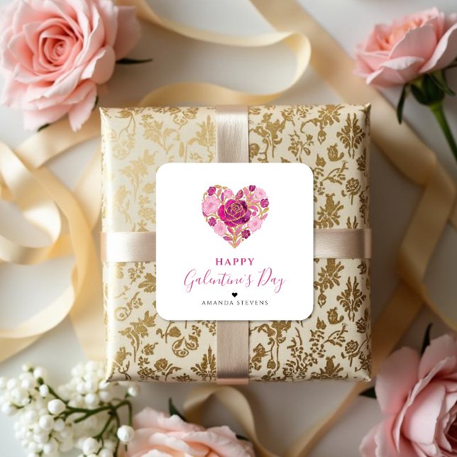 Pegatina Cuadrada Exquisite Pink Floral Heart Galentine's Day Party  (Exquisite Floral Heart Galentine's Day Square Paper Stickers for Your Best Friends in Pink Shades.)