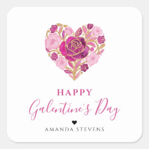 Pegatina Cuadrada Exquisite Pink Floral Heart Galentine's Day Party 