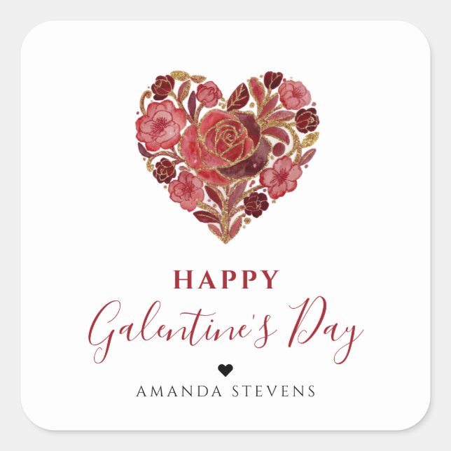 Pegatina Cuadrada Exquisite Red Floral Heart Galentine's Day Party  (Anverso)