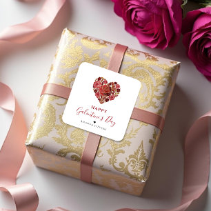Pegatina Cuadrada Exquisite Red Floral Heart Galentine's Day Party 