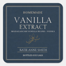 Pegatina Cuadrada Extracto de vainilla casero personalizado azul