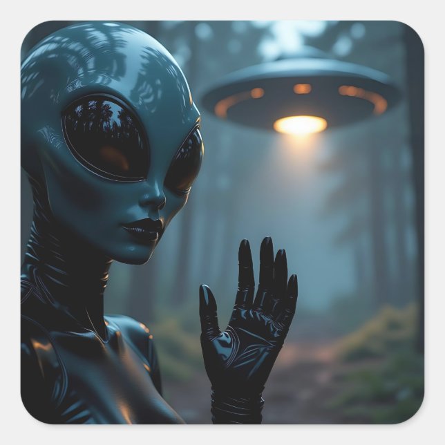 Pegatina Cuadrada Extranjera Extraterrestre y OVNI (Anverso)