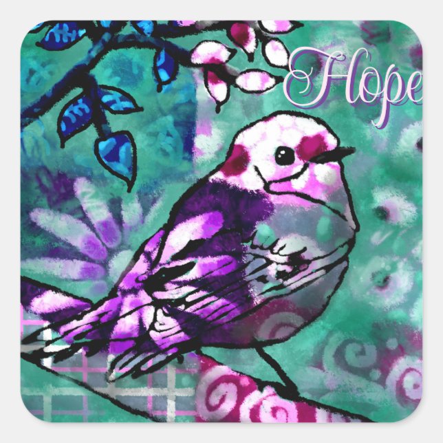 Pegatina Cuadrada Extraño Abstracto Pájaro Verde azulado Purple Flor (Anverso)