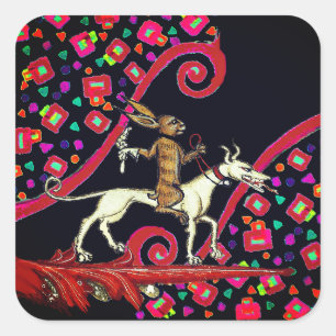 Pegatina Cuadrada EXTRAÑO conejo BESTIARIO MEDIEVAL montando un perr