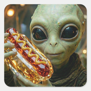 Pegatina Cuadrada Extraterrestre Alien con Hotdog Cristalino