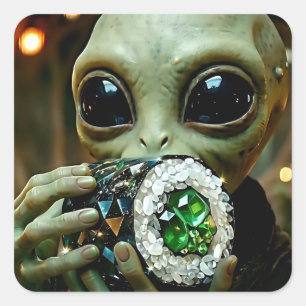 Pegatina Cuadrada Extraterrestre Alien y Sushi Cristalino