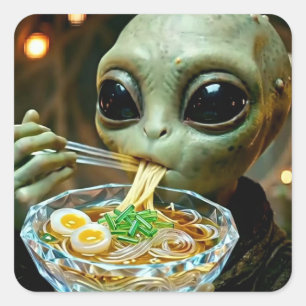 Pegatina Cuadrada Extraterrestre divertido comiendo fideos Ramen