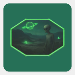 Pegatina Cuadrada Extraterrestre paseando por un paisaje oscuro y de