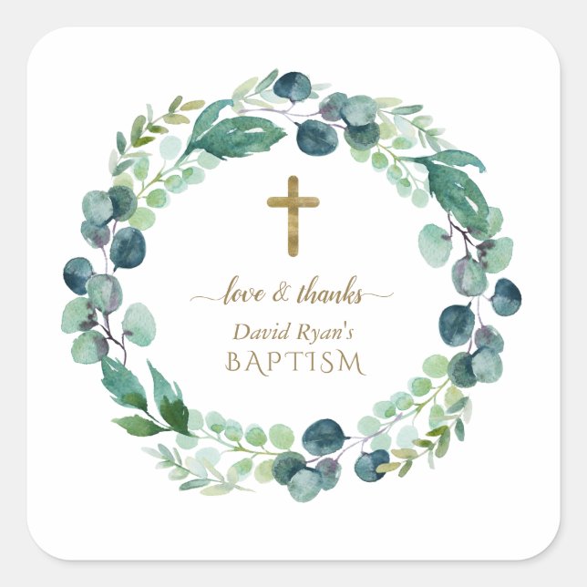 Pegatina Cuadrada Exuberante Eucalyptus Greenery Wreath Gold Cross B (Anverso)