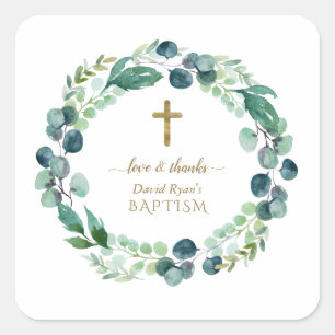 Pegatina Cuadrada Exuberante Eucalyptus Greenery Wreath Gold Cross B