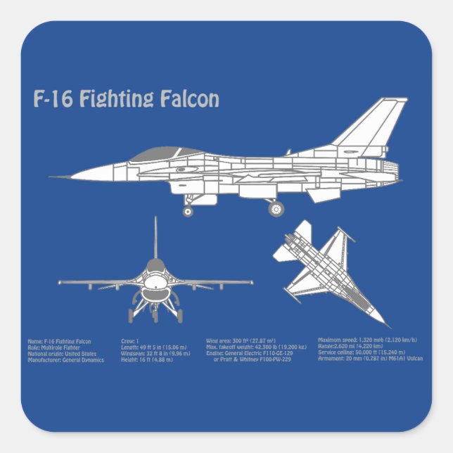 Pegatina Cuadrada F-16 Fighting Falcon - Airplane Blueprint Plan ABD (Anverso)