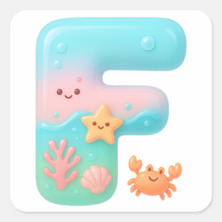 Pegatina Cuadrada "F" Cute Bubble Letter - Underwater Sea Creature A