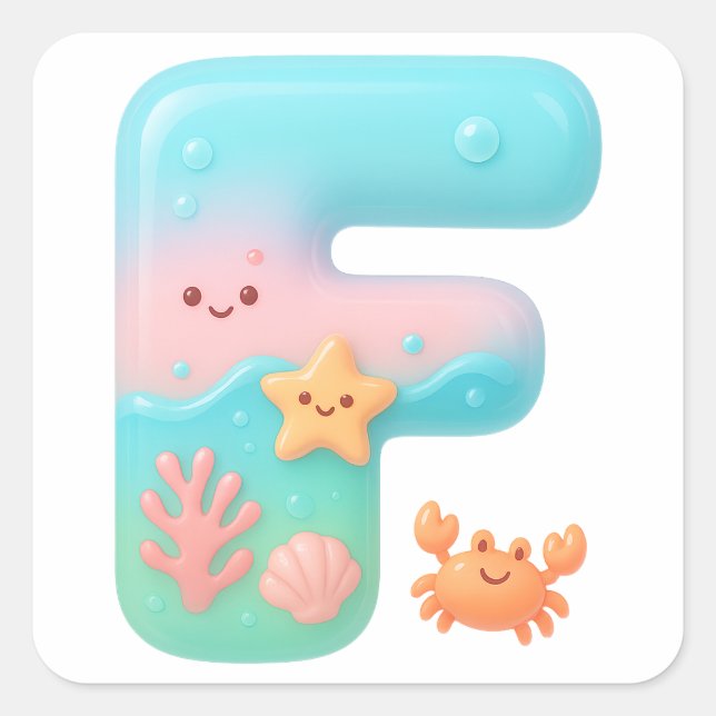 Pegatina Cuadrada "F" Cute Bubble Letter - Underwater Sea Creature A (Anverso)