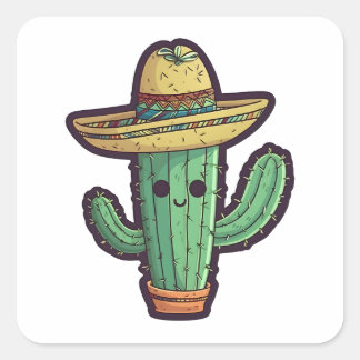 Pegatina Cuadrada Fábrica de Cactus de Sombrero Mexicano