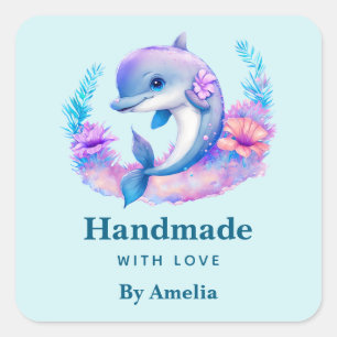 Pegatina Cuadrada Fabricado a mano con amor Cute Dolphin Sea Creatur