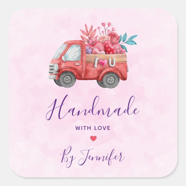 Pegatina Cuadrada Fabricado a mano con amor Cute Red Truck Watercolo (Anverso)
