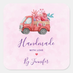 Pegatina Cuadrada Fabricado a mano con amor Cute Red Truck Watercolo