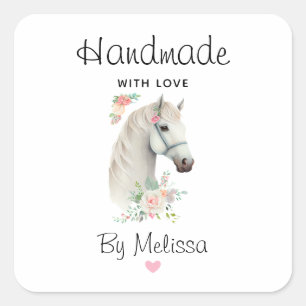 Pegatina Cuadrada Fabricado a mano con amor Elegante blanco caballo