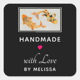 Pegatina Cuadrada Fabricado a mano con amor Estilo Oro Koi Fish