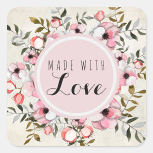 Pegatina Cuadrada Fabricado a mano con amor Floral de cerezo rústico