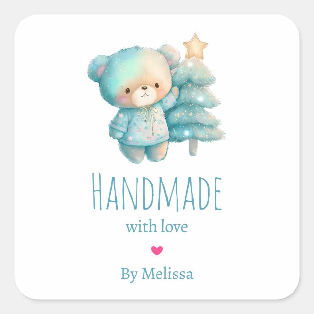 Pegatina Cuadrada Fabricado a mano con amor oso lindo y árbol de Nav (Anverso)
