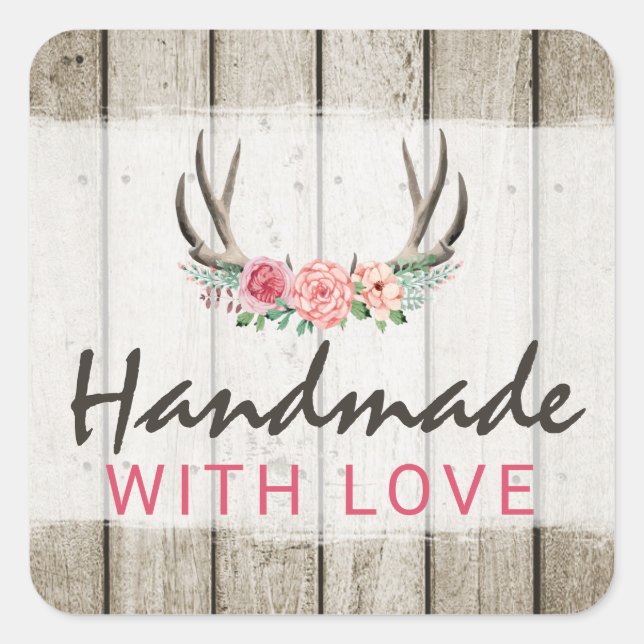 Pegatina Cuadrada Fabricado a mano con amor Rústico Hormigón floral  (Anverso)