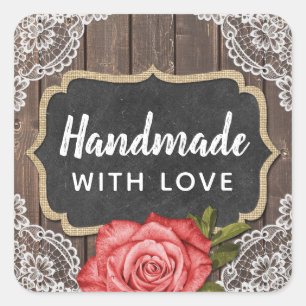 Pegatina Cuadrada Fabricado a mano con amor Rústico Madera y tablero