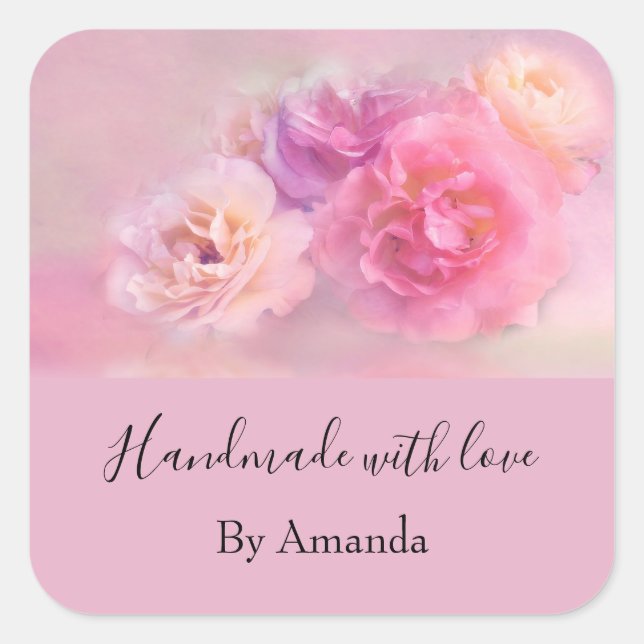 Pegatina Cuadrada Fabricado a mano con Bonito de amor Carnations Ros (Anverso)