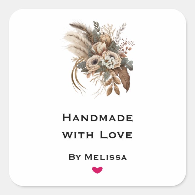Pegatina Cuadrada Fabricado a mano con flores de amor Foliage y plum (Anverso)