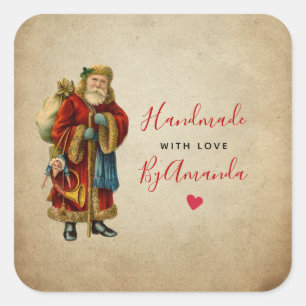 Pegatina Cuadrada Fabricado a mano con Love Vintage Old World Santa