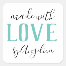 Pegatina Cuadrada Fabricado con amor Script Turquoise Business